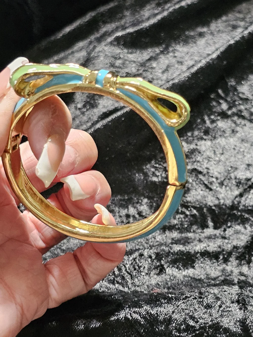 Gold-Plated Bow Bracelet with Green and Turquoise Enamel - Women Jewelry